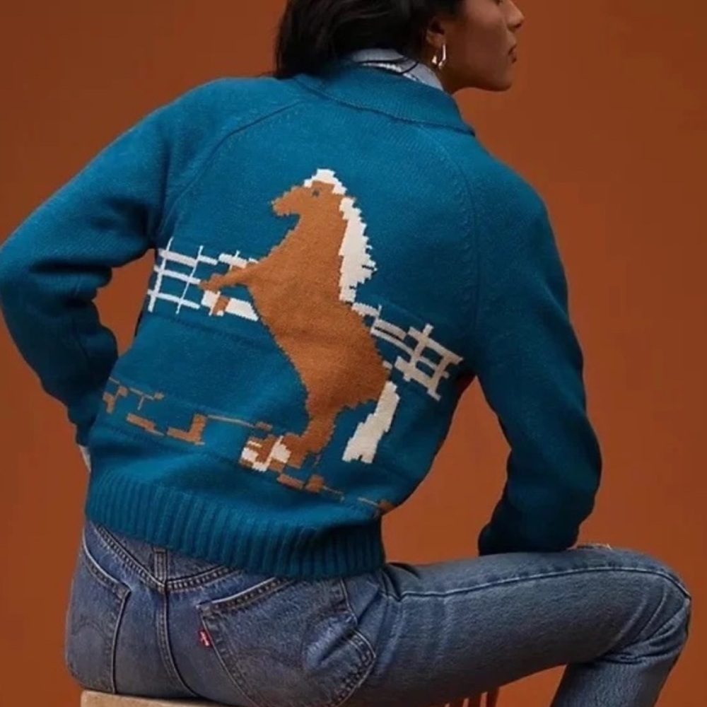 Anthropologie TINY Horse Equine Zip Front Cardigan Sweater Equestrian Derby